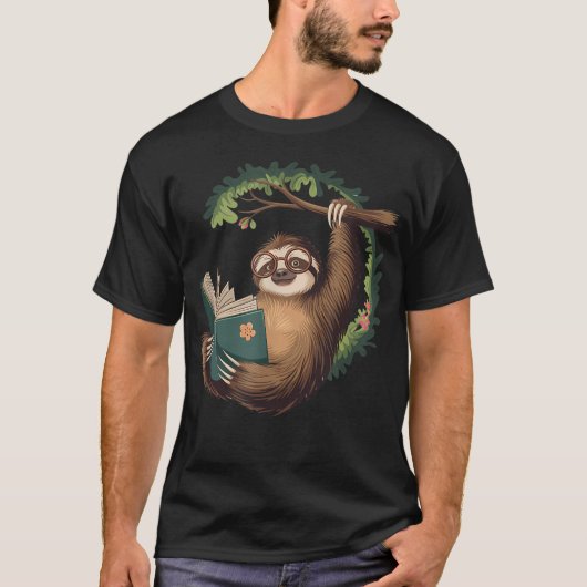 面白いナマケモノが本を読むのが好きなナマケモノ Tシャツ (正面)