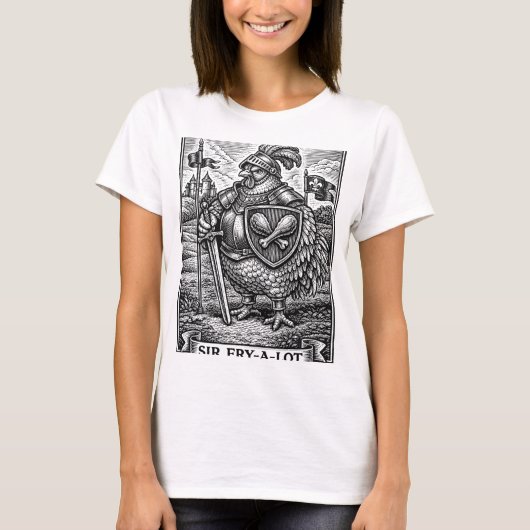 面白いニワトリの中世の騎士 サー・フライ・ア・ロット チキン Tシャツ (正面)
