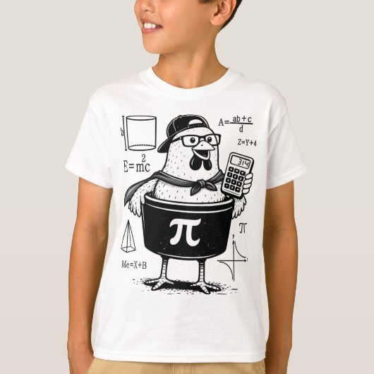 面白いニワトリの鍋を持つ電卓数学教師 Tシャツ (正面)