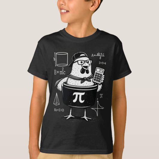 面白いニワトリを抱えたポット型計算機 数学教師 Tシャツ (正面)