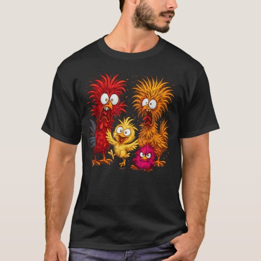 面白いニワトリ家族のクレイジーチキン漫画 Tシャツ (正面)