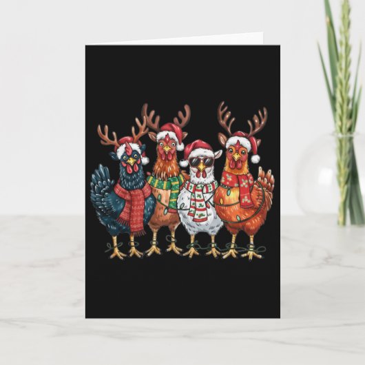 面白いニワトリ クリスマスライト 農場の動物 かわいい Xmas カード (正面)