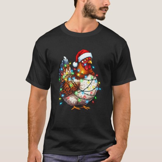 面白いニワトリ クリスマス ライト サンタ帽子 ファーマー Tシャツ (正面)
