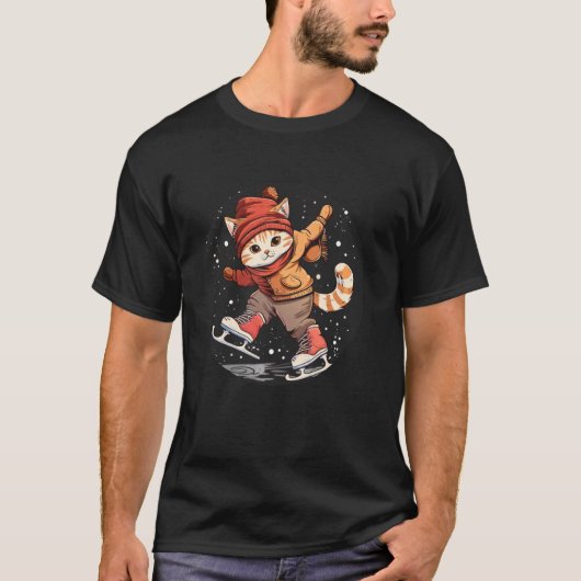 面白いネコの格好のクールなアイススケート靴 Tシャツ (正面)