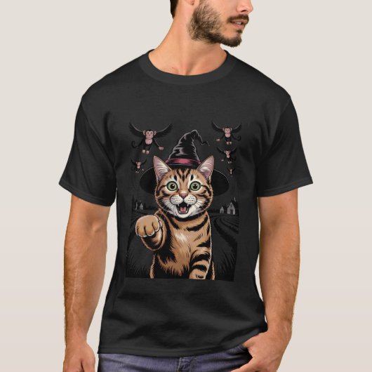 面白いネコの自撮り魔法使い空飛ぶ猿のスプーキーなトリック Tシャツ (正面)