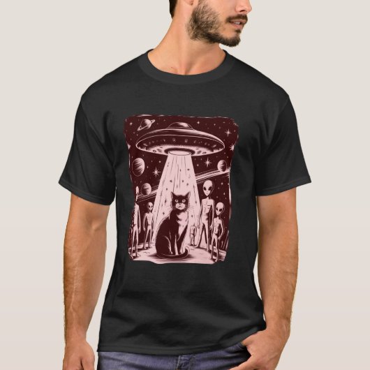 面白いネコ宇宙人UFO遭遇SF Tシャツ (正面)