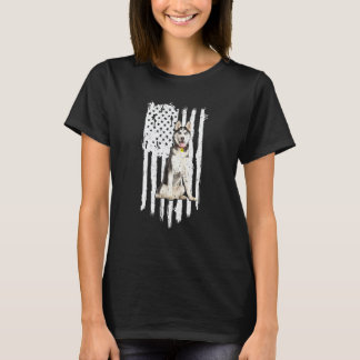 面白いハスキーアメリカ国旗愛国ハスキー犬4月 Tシャツ