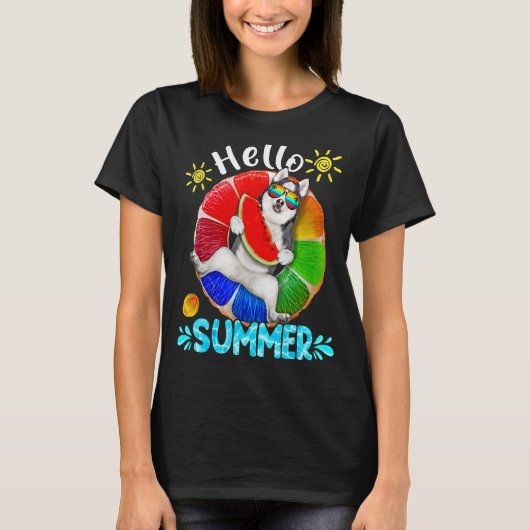 面白いハスキーシベリアンハローサマーサマーバケーション Tシャツ (正面)