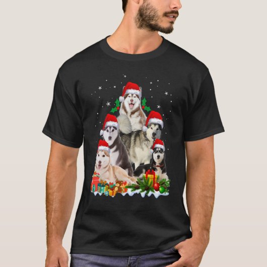 面白いハスキー犬のクリスマスツリー クリスマスの可愛い Tシャツ (正面)