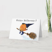 面白いハロウィンカードウィッチカボチャ飛んでいるブロム カード (正面)