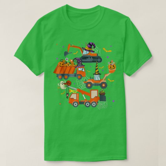 面白いハロウィンクレーントラック建築カボチャS Tシャツ (デザイン正面)