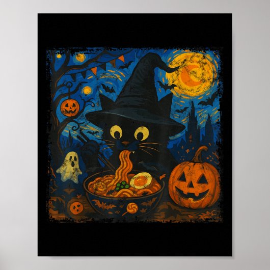 面白いハロウィンブラック食べキャットのラーメン星空 ポスター (正面)