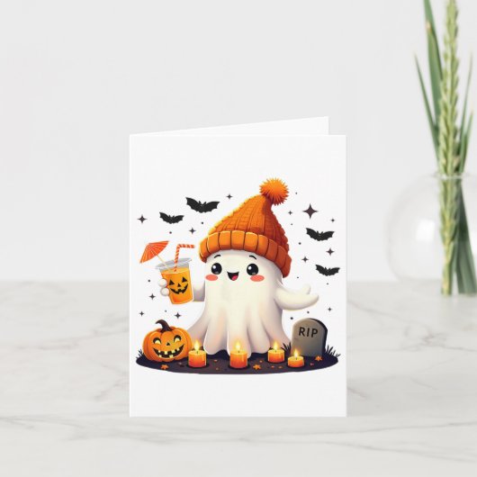 面白いハロウィーンかわいい幽霊飲みアイスコーヒーwom カード (正面)