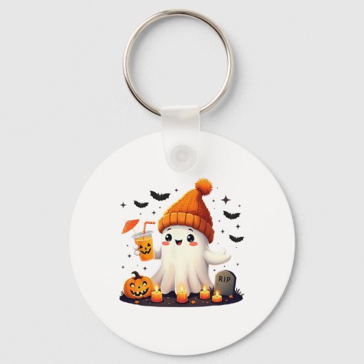 面白いハロウィーンかわいい幽霊飲みアイスコーヒーwom キーホルダー (正面)