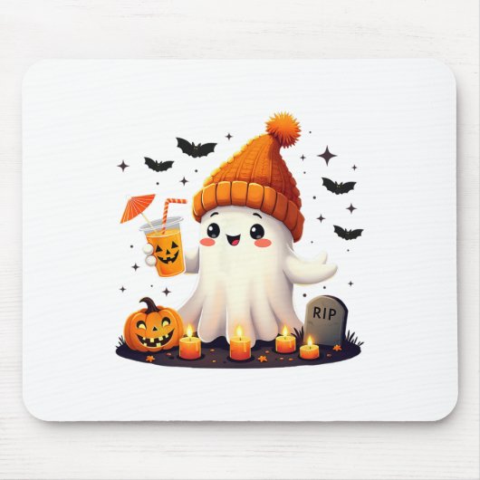 面白いハロウィーンかわいい幽霊飲みアイスコーヒーwom マウスパッド (正面)