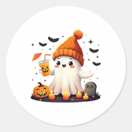 面白いハロウィーンかわいい幽霊飲みアイスコーヒーwom ラウンドシール (正面)