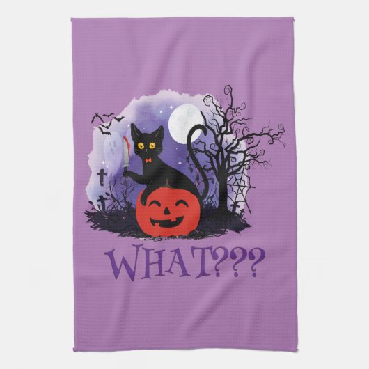 面白いハロウィーンの機知に富んだ黒猫なんだって? キッチンタオル (縦)