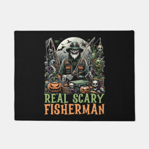 面白いハロウィーンの衣装の漁師魚釣りトリックまたは ドアマット