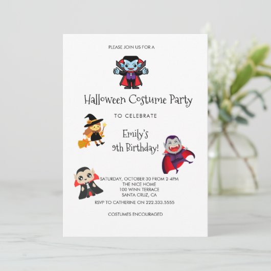 面白いハロウィーンの衣装子供の誕生日パーティー 招待状 (スタンド正面)
