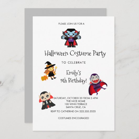 面白いハロウィーンの衣装子供の誕生日パーティー 招待状 (正面/裏面)