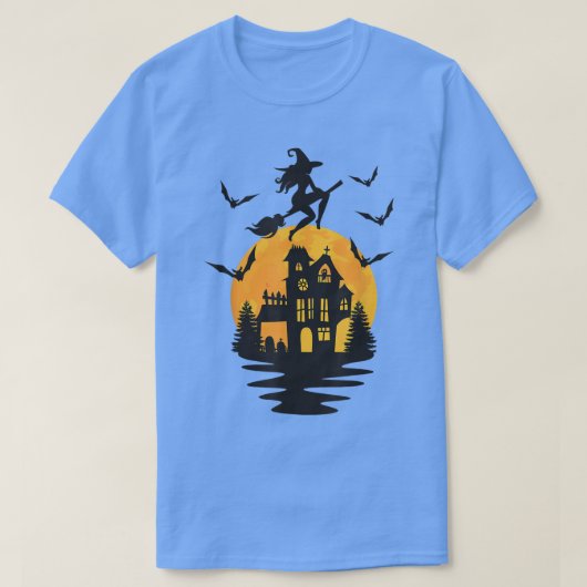 面白いハロウィーンウィッチ飛んでいるブルーム幽霊のよく出るハウスM Tシャツ (デザイン正面)