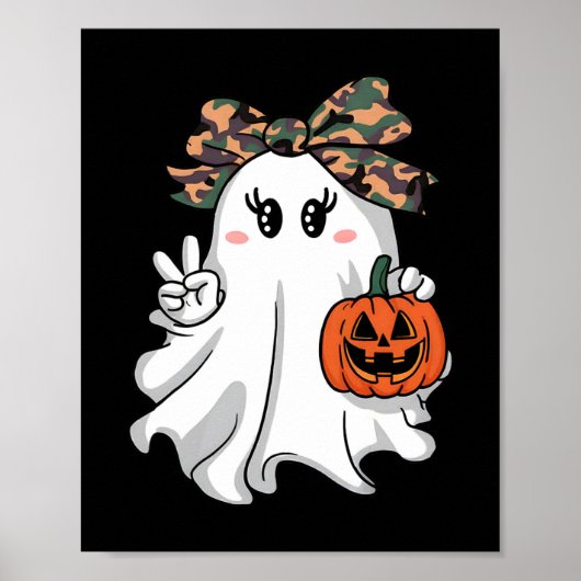 面白いハロウィーンカモフラージュ迷彩柄幽霊ハローハンティン ポスター (正面)