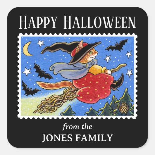 面白いハロウィーンキャットウィッチこうもりブロムスティックかわいい スクエアシール (正面)