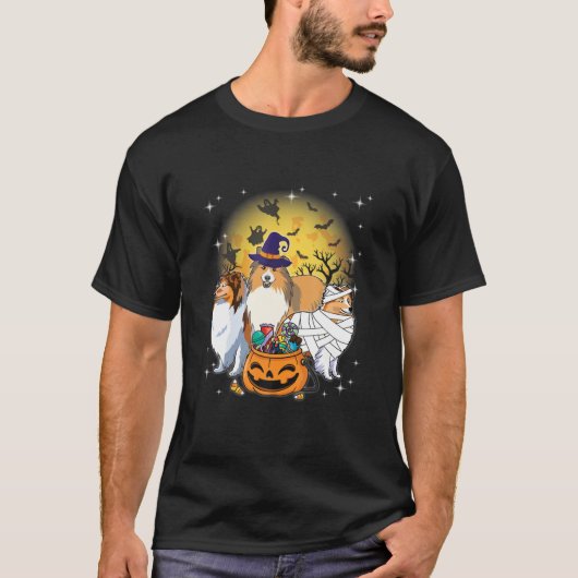 面白いハロウィーンシェットランド・ シープドッグウィッチカボンプキンミームードッロ Tシャツ (正面)