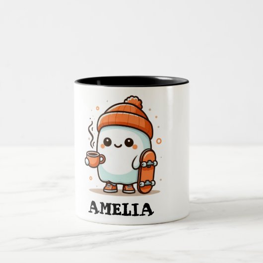 面白いハロウィーンスポック幽霊マグスケートボードコーヒー ツートーンマグカップ (中央)