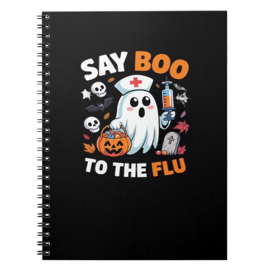面白いハロウィーンナース幽霊Tシャツ – "Say Boo to ノートブック (正面)