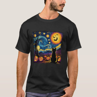 面白いハロウィーンバンゴッホ星空の夜ブラックキャットモ Tシャツ