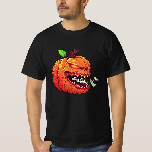 面白いハロウィーンパックマンパンプキン幽霊エイリアンティー Tシャツ (正面)