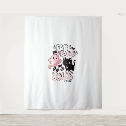 面白いハロウィーンピンク幽霊スプオクタクタキュラキャットファブBO タペストリー (正面)
