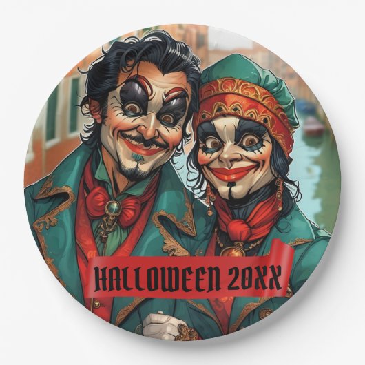 面白いハロウィーンメイクアップ顔カリカチャーカップル ペーパープレート (正面)