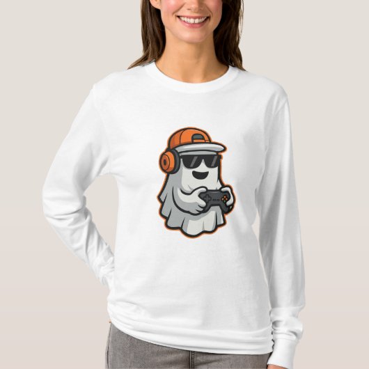 面白いハロウィーン幽霊ゲーマーピクセルビデオTシャツ Tシャツ (正面)