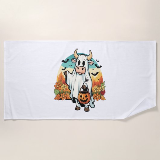 面白いハロウィーン幽霊牛 ビーチタオル (正面)