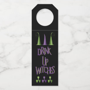 面白いハロウィーン飲み物の魔女パープルグリーン ボトルネックタグ