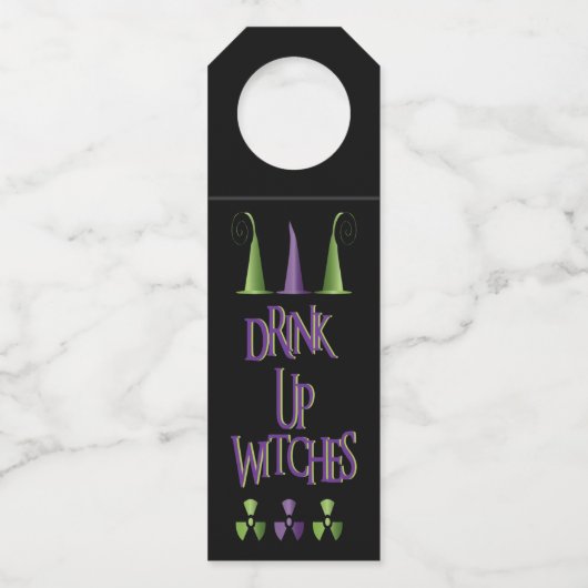 面白いハロウィーン飲み物の魔女パープルグリーン ボトルネックタグ (正面)