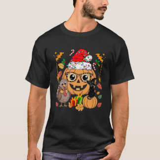 面白いハロサンキョマス カボチャ 七面鳥 黒猫と Tシャツ