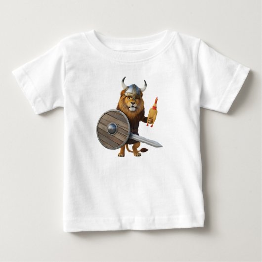 面白いバイキングのライオン戦士とゴム製のC ベビーTシャツ (正面)