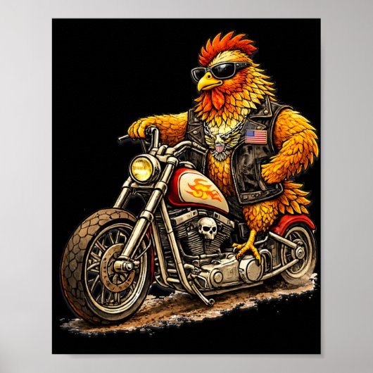 面白いバイクに乗った雄鶏のデザイン クールなニワトリのバイク ポスター (正面)