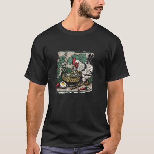 面白いヒップスターのニワトリがラーメンを食べている Tシャツ (正面)