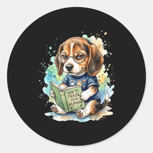 面白いビーグルが本を読む 人間を訓練する方法 犬 ラウンドシール (正面)