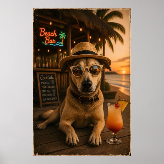 面白いビーチの犬のウォールアート印刷物 ポスター (正面)