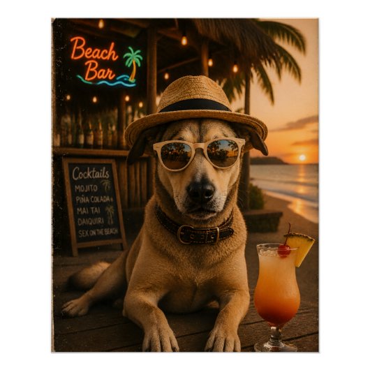 面白いビーチの犬のウォールアート印刷物 ポスター (正面)