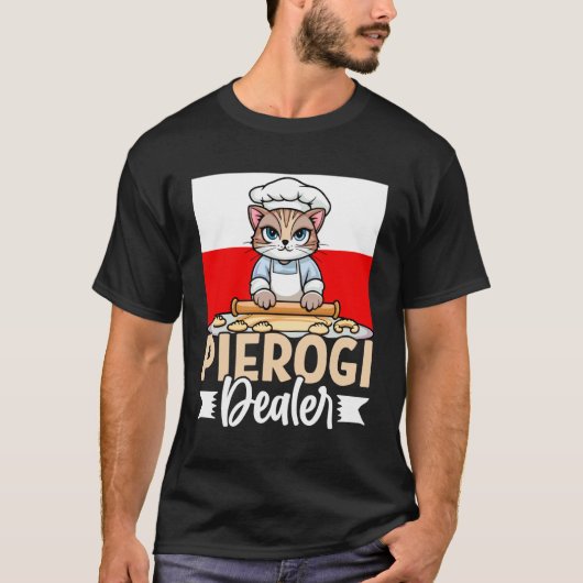 面白いピエロギ販売猫ポーランド料理愛好家デザイン Tシャツ (正面)
