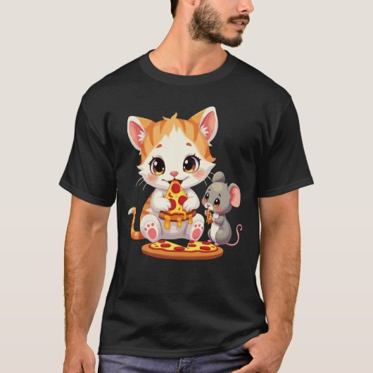 面白いピザを食べる猫ピザを食べるネズミ Tシャツ (正面)