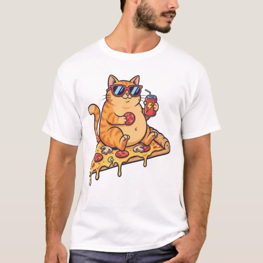 面白いピザ猫、ピザが大好きな猫 Tシャツ (正面)