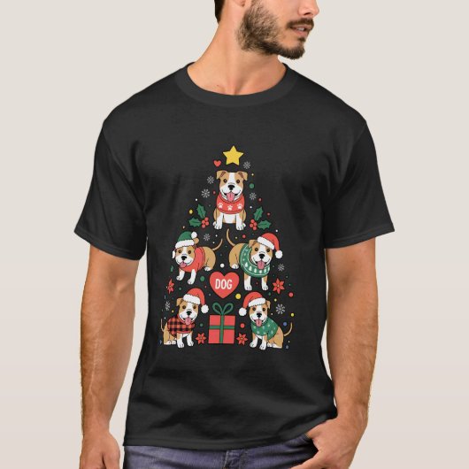 面白いピットブルクリスマスツリードッグ好き女性男性X Tシャツ (正面)