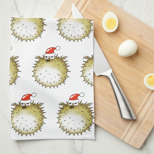 面白いフグのクリスマス キッチンタオル (四つ折り)